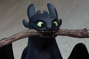 Toothless the dragon from "How to Train Your Dragon" holding a stick in its mouth