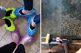 on left: reviewers wearing mop slippers; on right: before-and-after of shower door after using a drill brush attachment