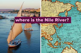 Left: Sailing boats on a river. Right: Map with a question "where is the Nile River?"