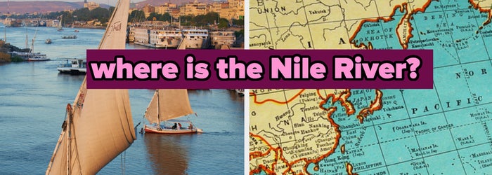 Left: Sailing boats on a river. Right: Map with a question "where is the Nile River?"