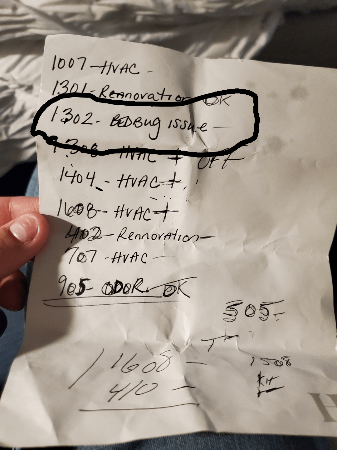 Handwritten note with various scribbles and circled text, likely a task or troubleshooting list related to HVAC issues