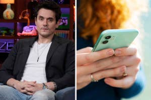 John Mayer seated in a talk show setting, casually dressed with a layered necklace. Second image shows a person using a smartphone