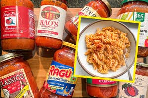 Various brands of marinara sauce surrounding a bowl of pasta on a wooden surface