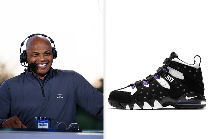 Man broadcasting with headphones next to a Nike high-top sneaker with purple accents