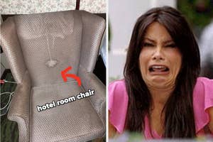Image on left shows a chair with a stain, and text pointing to it. Right image is a woman expressing disgust
