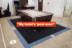 A photo showing a pool table in a taped-off area labeled as a hotel's 'pool area'