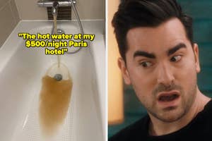 Brown water running in a hotel bathtub next to David from Schitt's Creek looking disgusted
