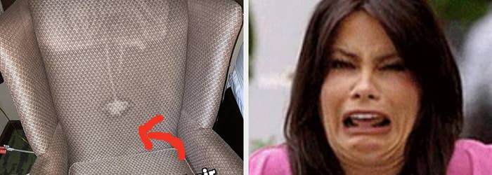 Image on left shows a chair with a stain, and text pointing to it. Right image is a woman expressing disgust