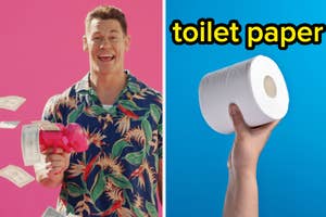 Man in a patterned shirt holds cash and a water gun, split image with a hand holding toilet paper