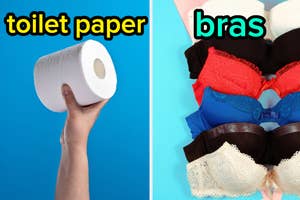 Hand holding toilet paper roll on left; variety of bras on right, depicting everyday essential items