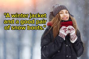 Woman in winter attire smiling with text about essential cold weather clothing