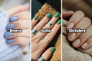 Tres manos con diferentes estilos de manicura para Enero, Julio y Octubre