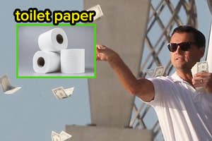Man in sunglasses throws money in the air, inset of toilet paper hinting at cost comparison