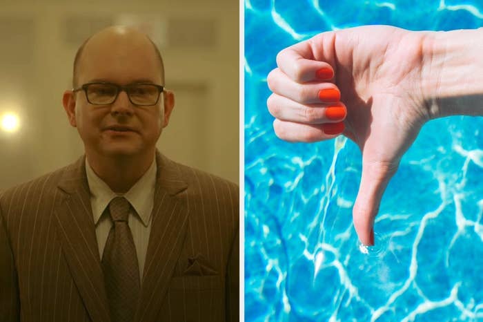 On the left, Colin Robinson from What We Do in the Shadows facing ahead , and on the right, someone giving a thumbs down