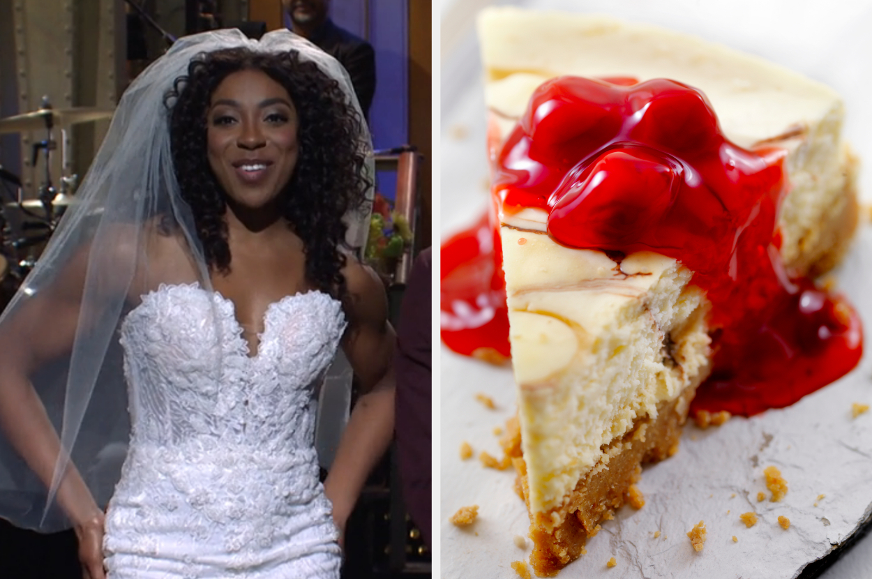On the left, Ego Nwodim wearing a strapless wedding gown and a veil on SNL, and on the right, a slice of cheesecake topped with cherries