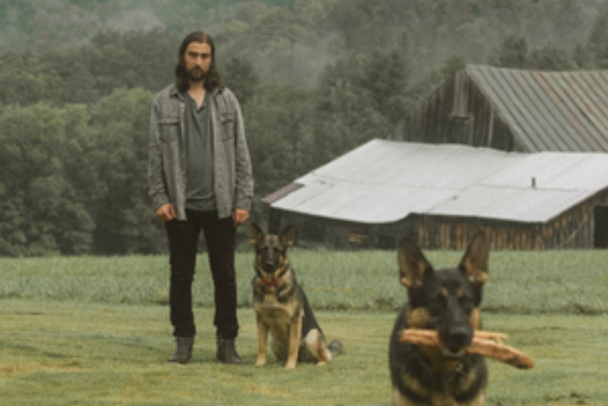 Noah Kahan standing in a field with two German shepherds, one sitting and one with a stick in their mouth, on the Stick Season album cover