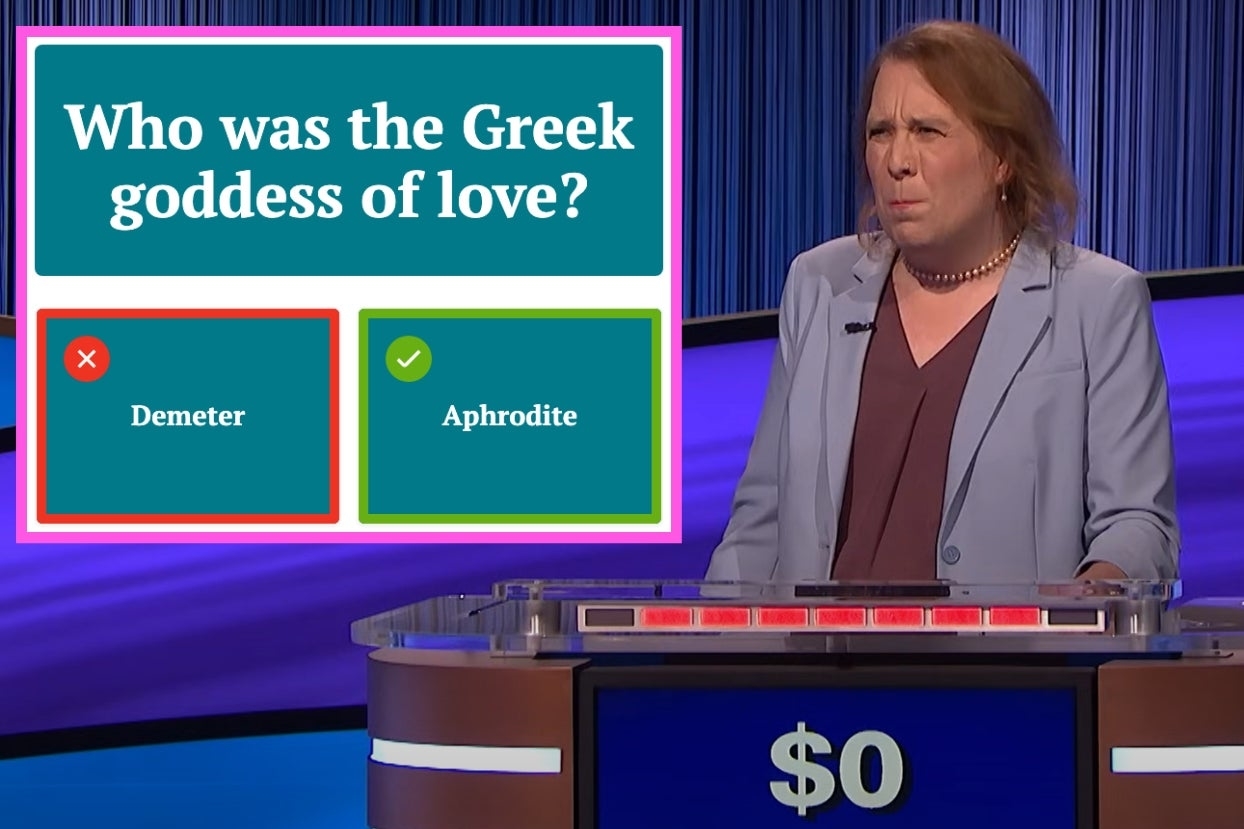 Amy Schneider answering a question on Jeopardy next to a screenshot of the question who was the Greek goddess of love with Demeter incorrectly selected as the answer