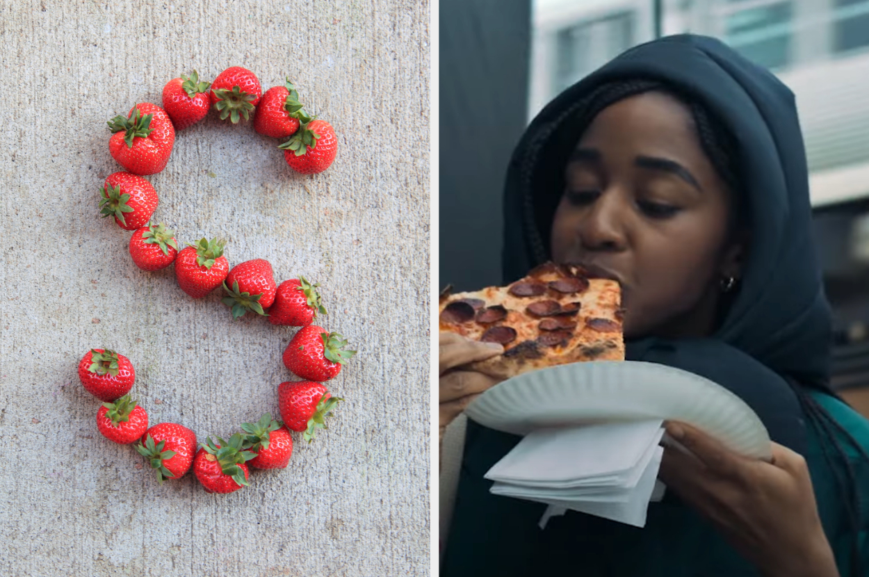 On the left, strawberries arranged into an &quot;S&quot; shape, and on the right, Ayo Edebiri eating a slice of pizza as Sydney on The Bear