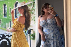 Person on left poses in a yellow, off-shoulder dress with a wide-brimmed hat; person on right takes selfie in blue floral dress