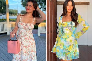 Two women posing in floral dresses, one with a handbag, for a shopping article