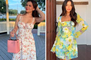 Two women posing in floral dresses, one with a handbag, for a shopping article