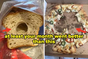 Side-by-side photos of a bagel with a large hole and a pizza missing a slice, captioned humorously