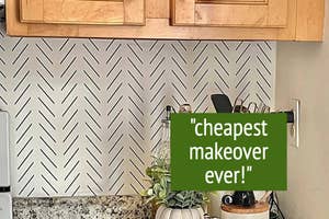 reviewer's kitchen with herringbone wallpaper on backsplash; Text: "cheapest makeover ever!"