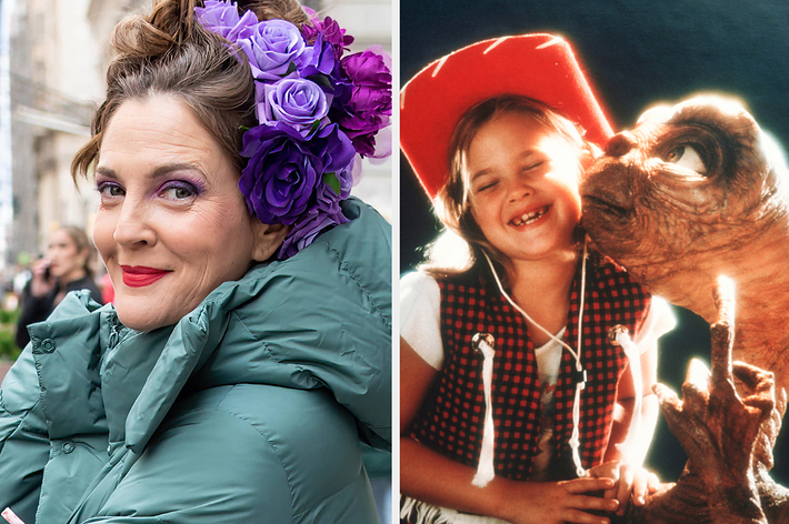 左: 大きな紫の花を頭に飾った女性がカメラに微笑む。右: 「E.T.」の映画のキャラクター、E.T.と少女エリオットが指を触れ合わせているシーン。