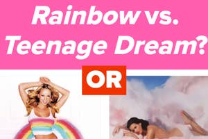 Text stating "Rainbow vs. Teenage Dream?" with images of two album covers featuring Mariah Carey and Katy Perry