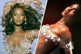 Beyoncé in a sparkling jeweled dress with arms raised, and Tyla in a white ruffled dress with a reflective choker