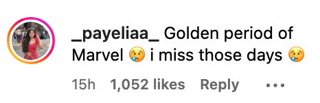 Instagram comment by user _payeliaa_ expressing nostalgia for Marvel&#x27;s golden period, with over a thousand likes