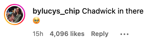 Profile icon of a user with two people, text overlay &quot;bylucys_chip Chadwick in there&quot; with a smiling emoji, and social media engagement stats