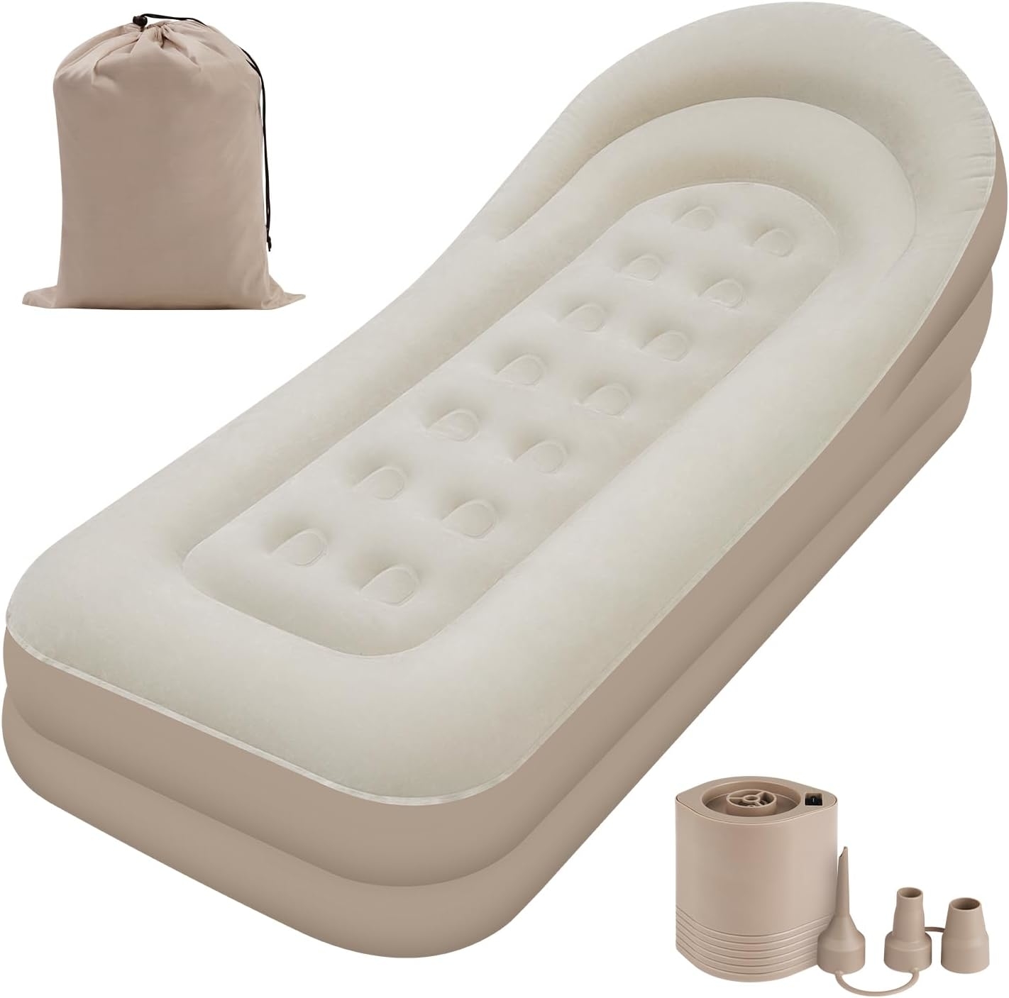 Inflatable air mattress with a built-in pillow, pump, and a storage bag. Ideal for camping or home use