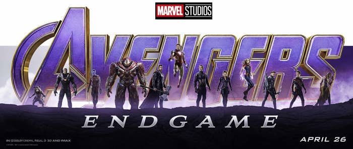 Promotional poster for Avengers: Endgame featuring characters in battle-ready poses against a stylized title backdrop