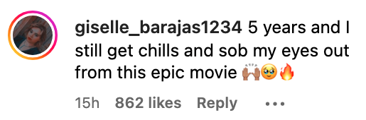 Instagram comment by user expressing strong emotion about an epic movie, includes prayer, shocked, and fire emojis