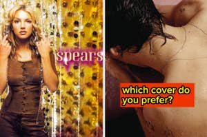 Britney Spears in a brown top next to her name in gold; adjacent image with a close-up of a person's wet back with text