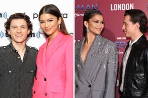Tom Holland and Zendaya pose on the red carpet vs Zendaya looks at Tom Holland and smiles on the red carpet