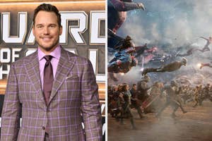 Chris Pratt in a checkered suit at an event; promotional movie still of a battle scene with superheroes
