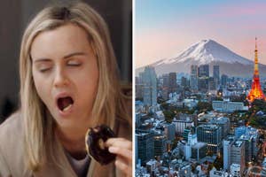 Split image; left: Woman eating a donut; right: Tokyo skyline with Mount Fuji and Tokyo Tower