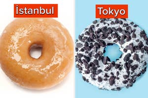 Two donuts representing Istanbul with a plain glaze and Tokyo topped with cookies, each with city's name above