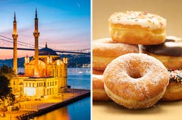 Split image: left shows a mosque by a bridge at dusk; right, assorted doughnuts stacked