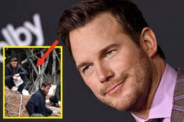 Chris Pratt in a plaid suit at an event; inset shows a man sitting by a fence