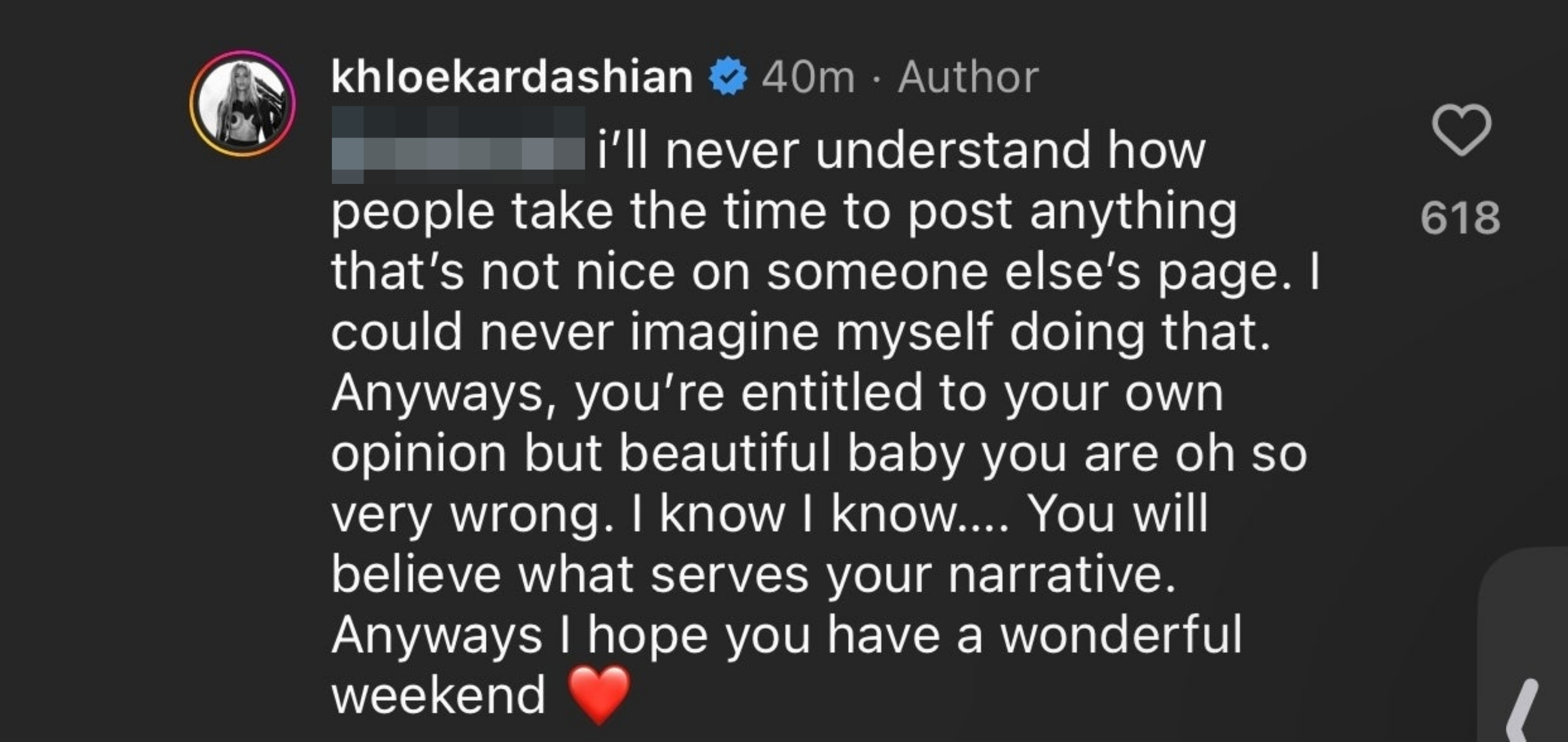 Khloe Kardashian responds to a comment on social media, defending her perspective and wishing the commenter a good weekend