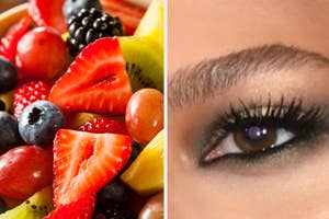 Split image: Left - assortment of fresh fruits. Right - close-up of a person's eye with makeup
