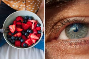 Split image; left: a bowl with strawberries and blueberries, right: close-up of a person's eye