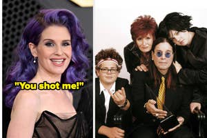 Person with purple hair in elegant attire; family portrait with four individuals in unique hairstyles and sunglasses