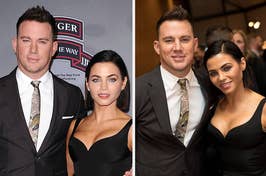 Channing Tatum and Jenna Dewan smiling at an event; both dressed in formal attire