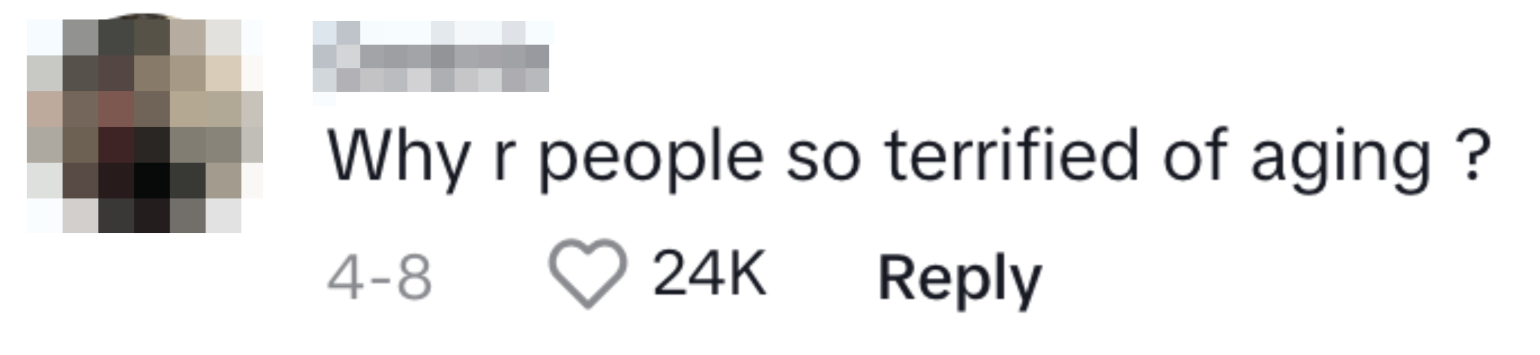 Social media comment with blurred user details asks &quot;Why r people so terrified of aging?&quot; and shows 24K likes