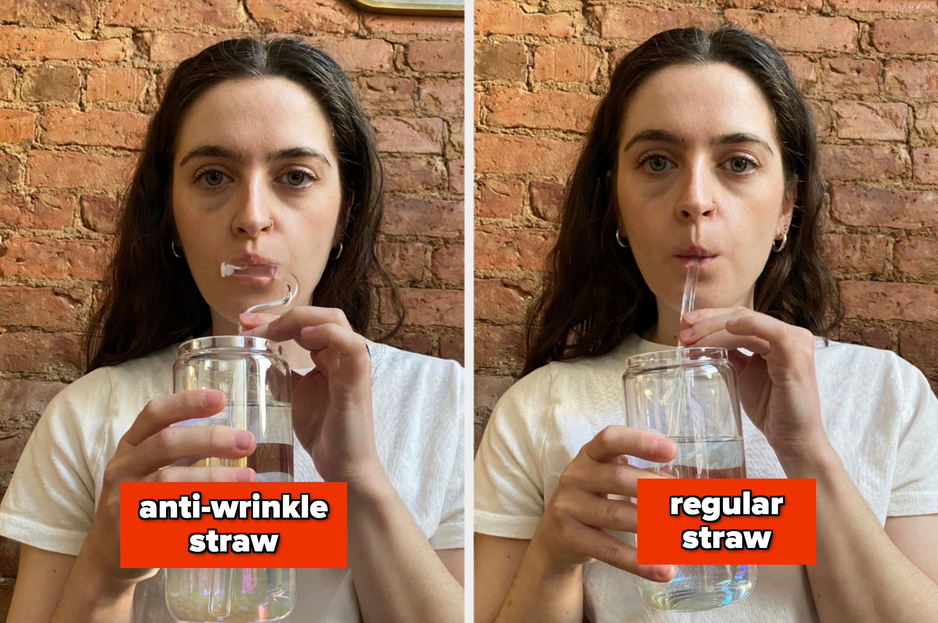 The author using two different straws, one labeled &quot;anti-wrinkle straw&quot; and the other &quot;regular straw.&quot;