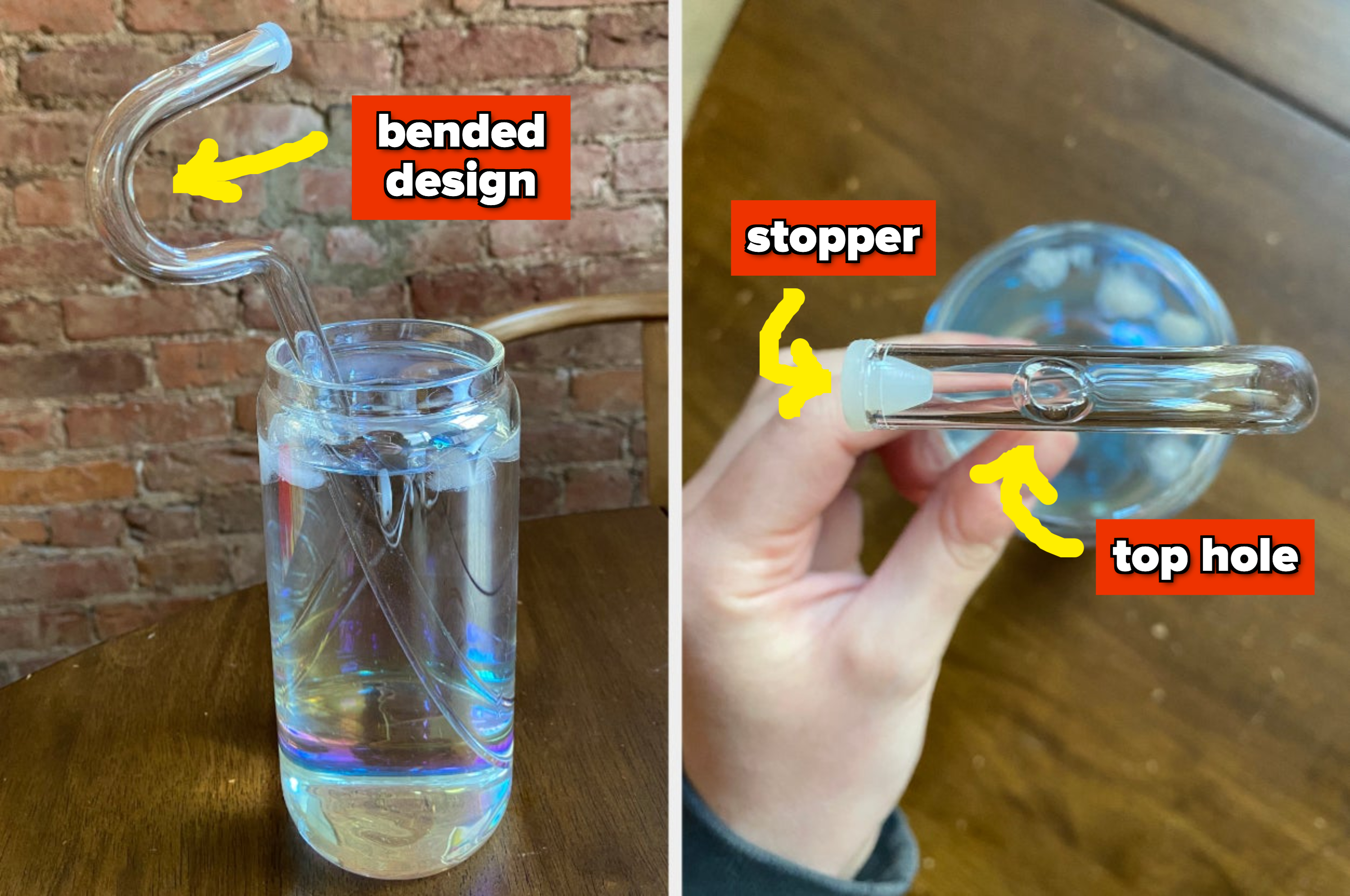 A glass anti-wrinkle straw with a bent design, stopper, and top hole, illustrated with labeled arrows